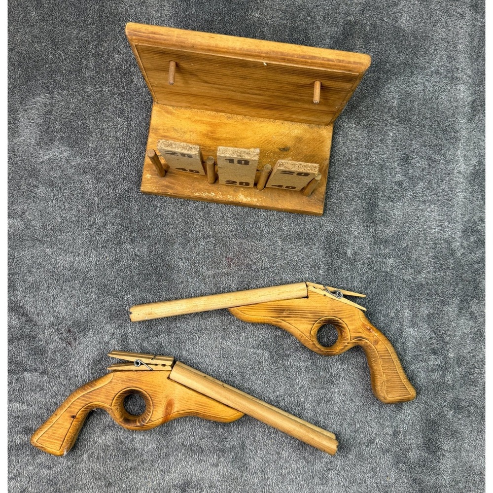 Vintage Handmade Wooden Rubber Band Shooter Game Set with 2 Pistols and Target